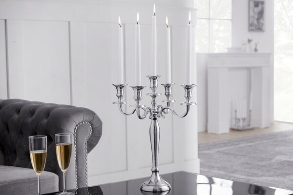 Stylový zámecký stříbrný svícen Modern Barock s pěti držáky na svíčky s lesklým povrchem 40 cm