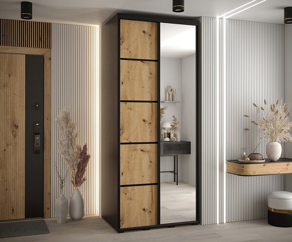 Šatní skříň s posuvnými dveřmi a zrcadlem DAVOS 5, 100cm | Černá / DUB Artisan / černé