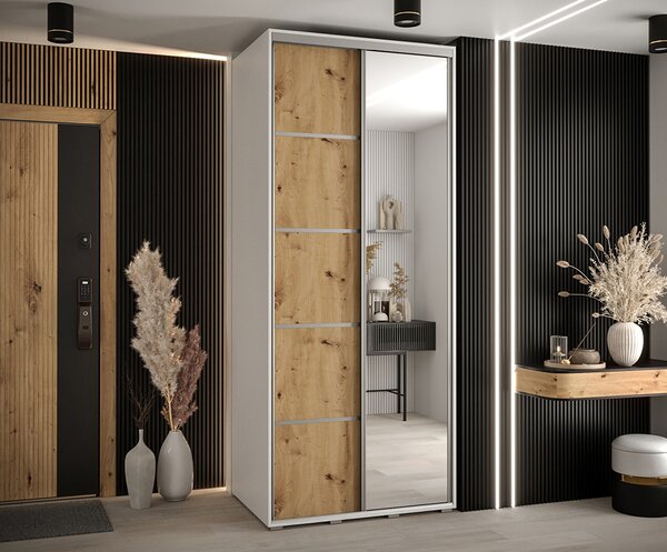 Šatní skříň s posuvnými dveřmi a zrcadlem DAVOS 5, 100cm | Bílá / DUB Artisan / stříbrné