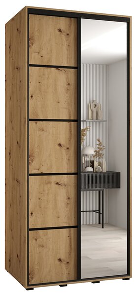Šatní skříň s posuvnými dveřmi a zrcadlem DAVOS 5, 100cm | DUB Artisan / černé pojezdy