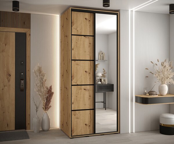 Šatní skříň s posuvnými dveřmi a zrcadlem DAVOS 5, 100cm | DUB Artisan / černé pojezdy
