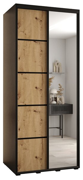 Šatní skříň s posuvnými dveřmi a zrcadlem DAVOS 5, 100cm | Černá / DUB Artisan / černé