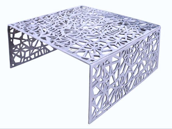 Designový art deco stříbrný čtvercový kovový konferenční stolek Ideal s geometrickými vyřezávanými vzory 60 cm