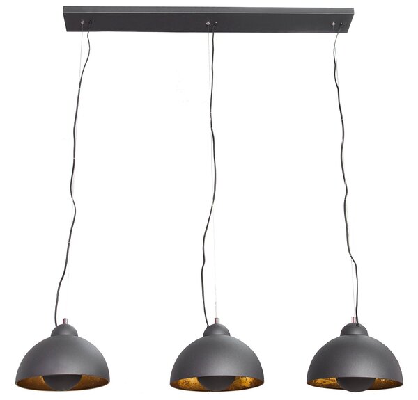 Industriální černá závěsná lampa Raval se třemi kulatými stínítky s obdélníkovou krytinou se zlatými detaily 140 cm
