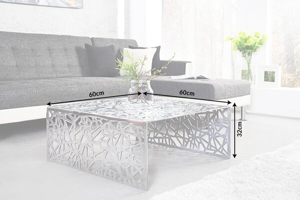 Designový art deco stříbrný čtvercový kovový konferenční stolek Ideal s geometrickými vyřezávanými vzory 60 cm