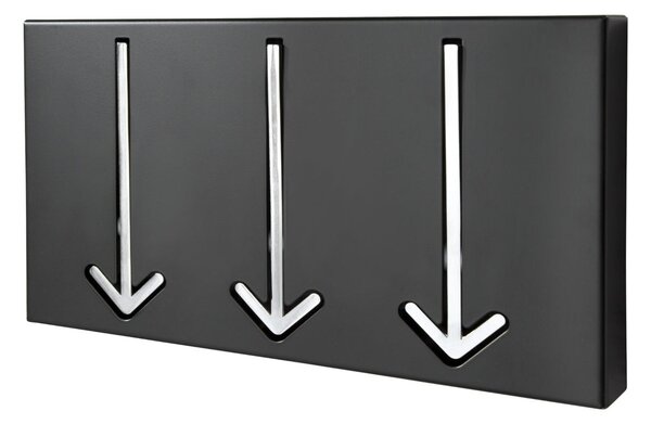 Designový obdélníkový kovový moderní černý závěsný nástěnný věšák Arrow v podobě stříbrných šipek 30 cm