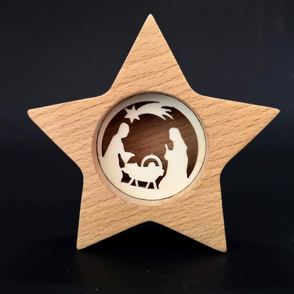 AMADEA Dřevěná hvězda s vkladem - betlém, masivní dřevo, 10x10x3 cm