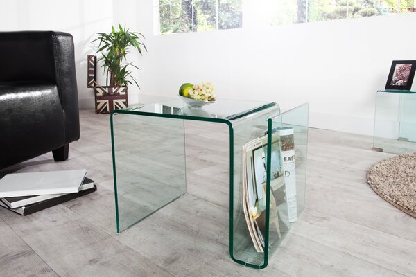 Designový moderní skleněný čtvercový konferenční stolek Ghost s přihrádkou s oblými hranami 50 cm