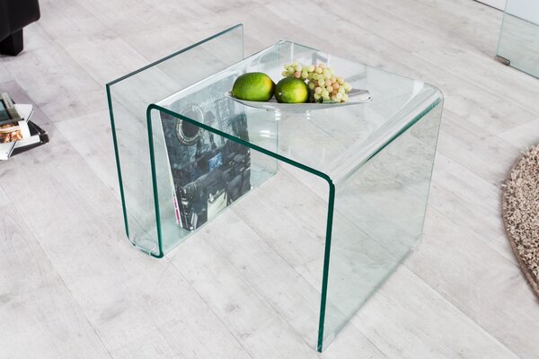 Designový moderní skleněný čtvercový konferenční stolek Ghost s přihrádkou s oblými hranami 50 cm