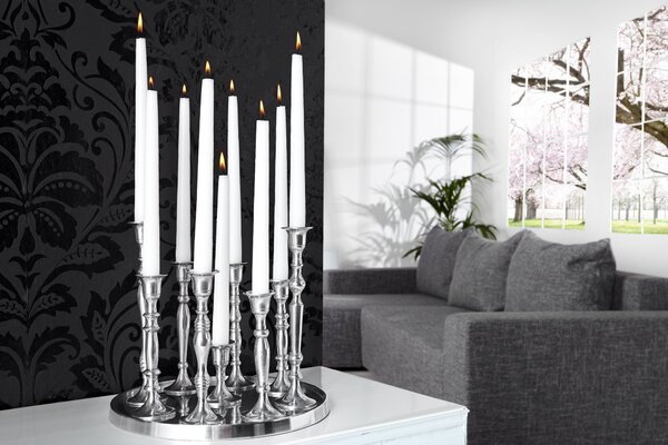 Stylový glamour stříbrný svícen Modern Barock z kovu s devíti držáky na svíčky a kulatou podstavou 30 cm