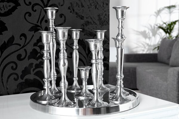 Stylový glamour stříbrný svícen Modern Barock z kovu s devíti držáky na svíčky a kulatou podstavou 30 cm