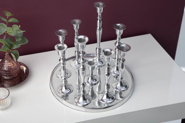 Stylový glamour stříbrný svícen Modern Barock z kovu s devíti držáky na svíčky a kulatou podstavou 30 cm