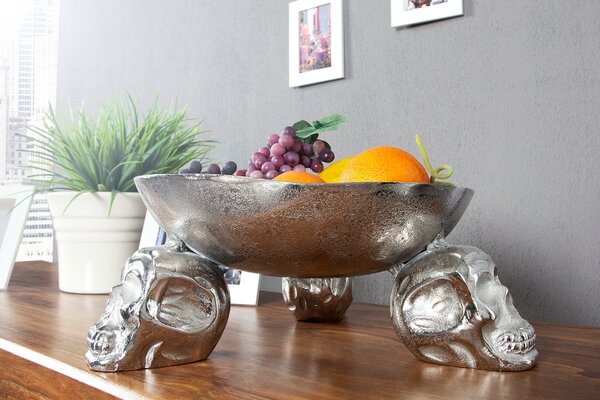 Extravagantní originální dekorační mísa na ovoce Lebka 35cm stříbrná