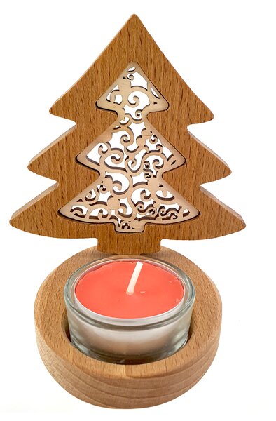 AMADEA Dřevěný svícen stromek s vkladem - ornament, masivní dřevo, výška 10 cm