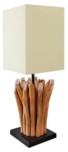 Etno čtvercová masivní stolní lampa Roots s krémovým lněným stínítkem a dekorativní nohou z dřevěných větví 55 cm