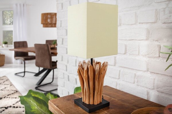 Etno čtvercová masivní stolní lampa Roots s krémovým lněným stínítkem a dekorativní nohou z dřevěných větví 55 cm
