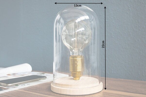 Designová retro stolní lampa Edison s hnědou dřevěnou podstavou a průhledným skleněným stínítkem 22 cm