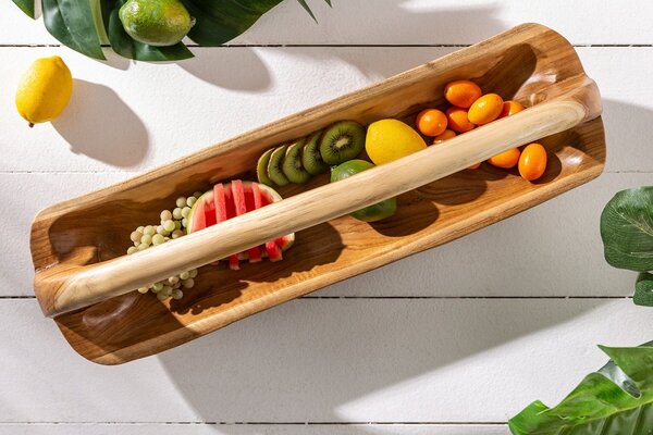 Stylová venkovská oválná mísa Bali s rukojetí v hnědé barvě z masivního teakového dřeva s výraznou strukturou 60 cm