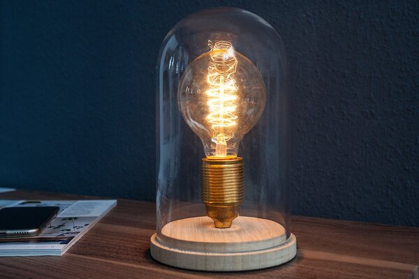 Designová retro stolní lampa Edison s hnědou dřevěnou podstavou a průhledným skleněným stínítkem 22 cm