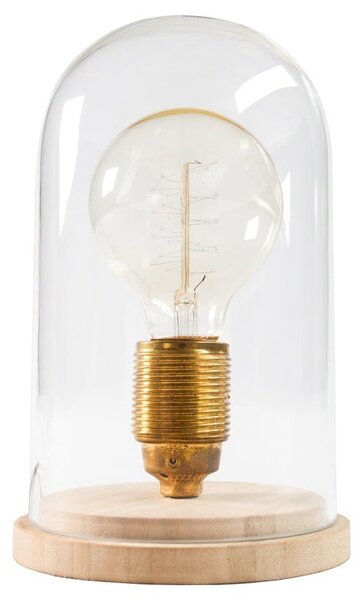 Designová retro stolní lampa Edison s hnědou dřevěnou podstavou a průhledným skleněným stínítkem 22 cm