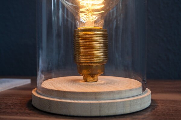 Designová retro stolní lampa Edison s hnědou dřevěnou podstavou a průhledným skleněným stínítkem 22 cm