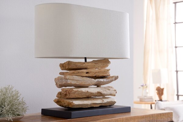 Stylová etno stolní lampa Duna s masivní hnědou dřevěnou základnou a béžovým oválným lněným stínítkem 55 cm