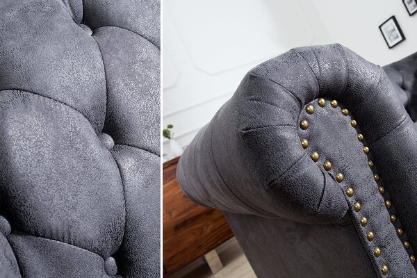 Luxusní chesterfield kožená třímístná čalouněná sedačka Chesterfield Grau v šedé barvě se zlatými nýty 200 cm