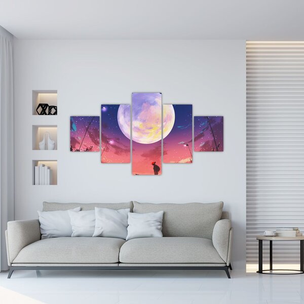 Obraz - Žena a pes při úplňku (125x70 cm)