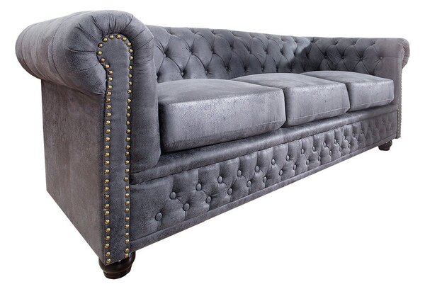 Luxusní chesterfield kožená třímístná čalouněná sedačka Chesterfield Grau v šedé barvě se zlatými nýty 200 cm