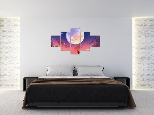 Obraz - Žena a pes při úplňku (125x70 cm)