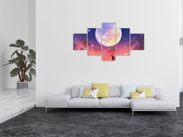Obraz - Žena a pes při úplňku (125x70 cm)