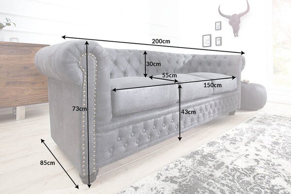 Luxusní chesterfield kožená třímístná čalouněná sedačka Chesterfield Grau v šedé barvě se zlatými nýty 200 cm