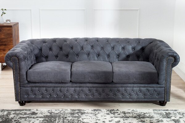 Luxusní chesterfield kožená třímístná čalouněná sedačka Chesterfield Grau v šedé barvě se zlatými nýty 200 cm