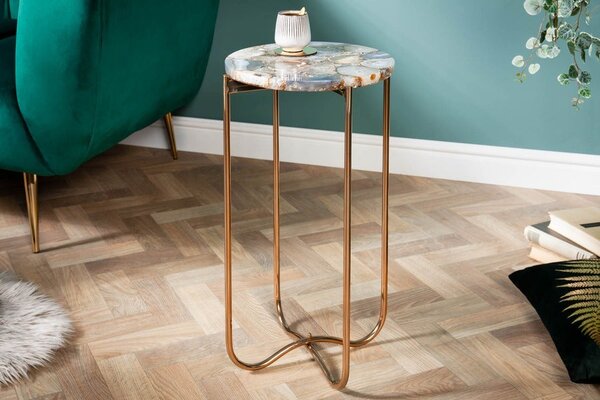 Art deco kulatý příruční stolek Jaspě se zlatou kovovou podstavou a odnímatelnou deskou z modrého achátu 61 cm