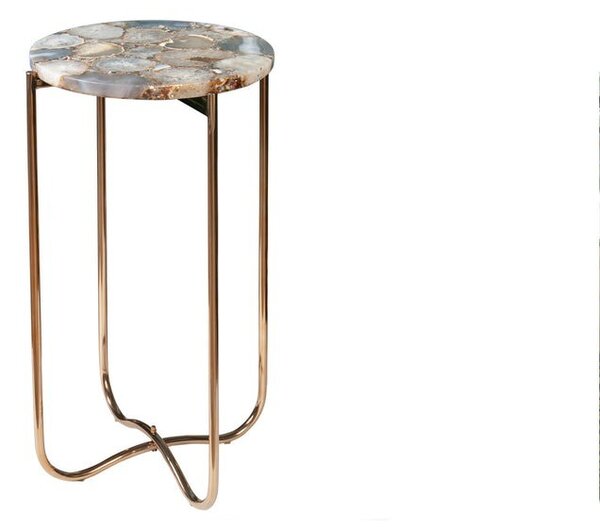 Art deco kulatý příruční stolek Jaspě se zlatou kovovou podstavou a odnímatelnou deskou z modrého achátu 61 cm