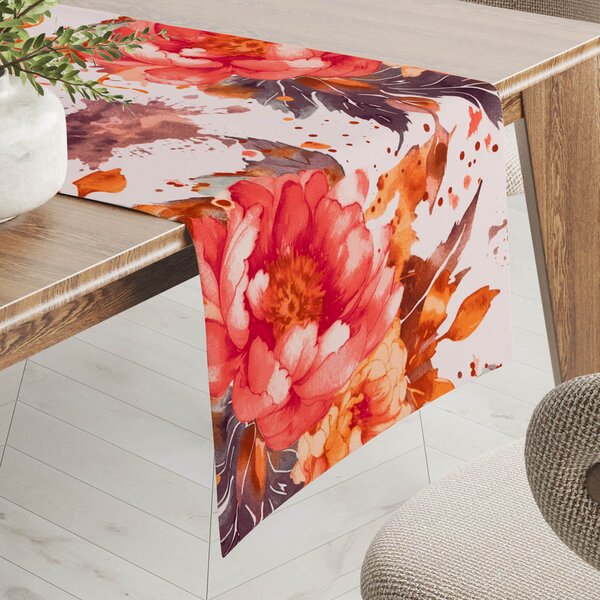 Biante Bavlněný běhoun na stůl Sandra SA-600 Velké červeno-růžovo-oranžové květy pivoňky na bílém 20x120 cm