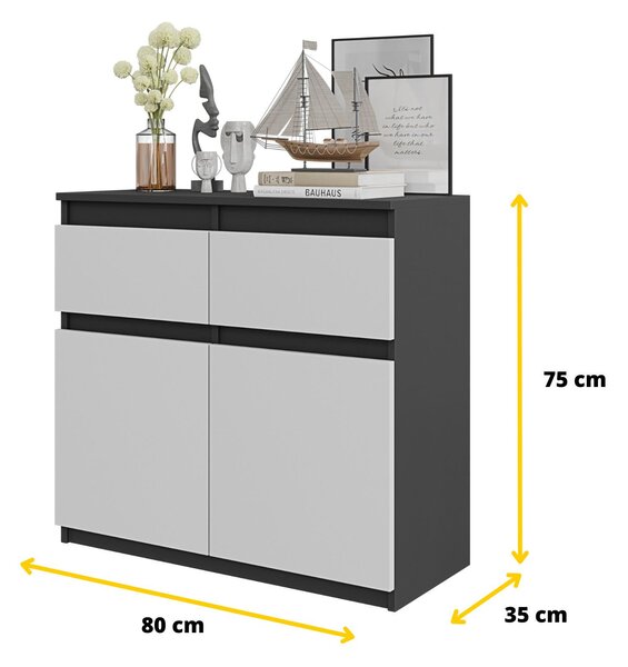 Komoda, šířka 80 cm, antracitová/bílá, matný povrch, 2 zásuvky, 2 dvířka, 2 vnitřní police, vhodná do obývacího pokoje