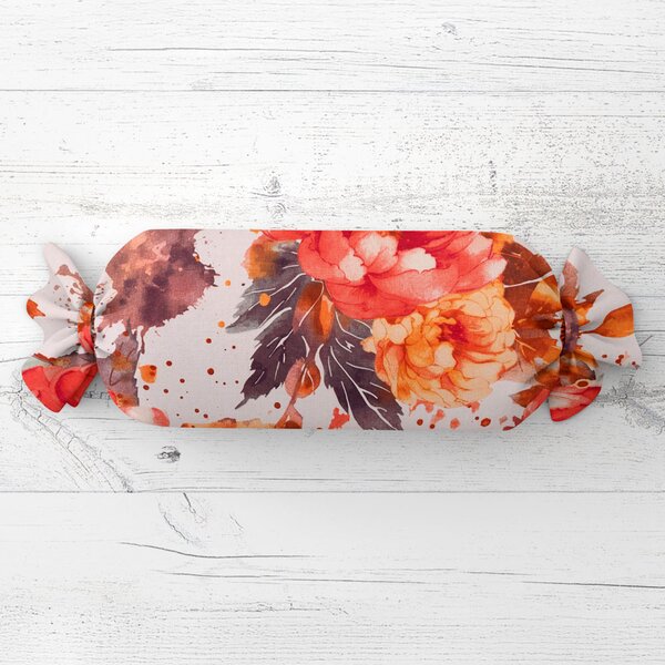 Biante Polštář válec bonbon Sandra SA-600 Velké červeno-růžovo-oranžové květy pivoňky na bílém 15x40 cm