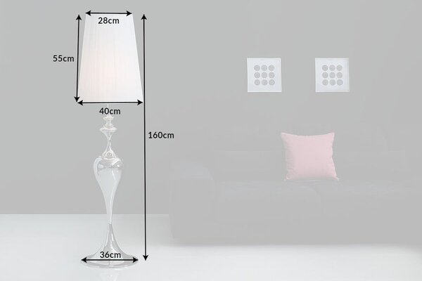 Glamour stojací lampa Lucie s tvarovanou chromovou podstavou ve stříbrné barvě a bílým kulatým stínítkem z nylonu 160 cm