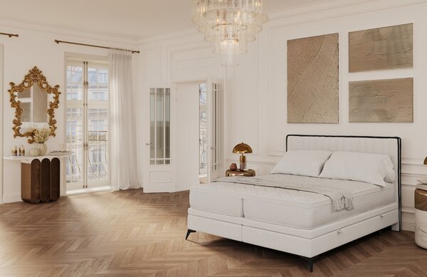 Maison de Rêve Světle béžová čalouněná dvoulůžková postel ADRON 140 x 200 cm s úložným prostorem