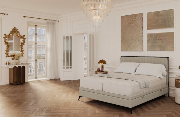 Maison de Rêve Béžová čalouněná dvoulůžková postel ADRON 140 x 200 cm s úložným prostorem
