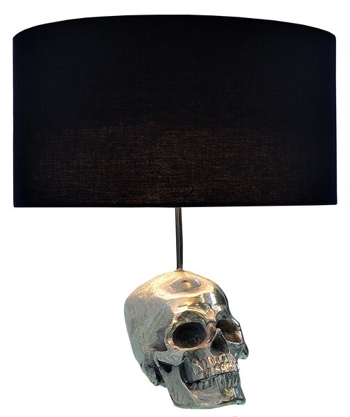 Stylová glamour kulatá kovová stříbrná stolní lampa Skull s nohou v podobě lebky a černým textilním stínítkem 44 cm