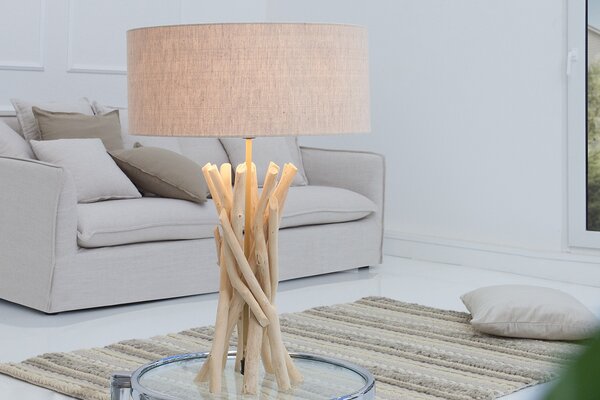 Designová venkovská stolní lampa Cara s organickou podstavou z naplaveného dřeva a lněným stínítkem béžová 62 cm