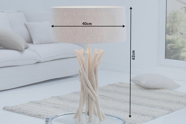 Designová venkovská stolní lampa Cara s organickou podstavou z naplaveného dřeva a lněným stínítkem béžová 62 cm