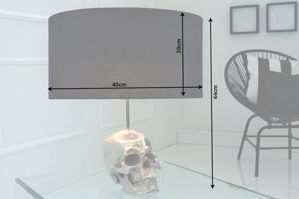 Stylová glamour kulatá kovová stříbrná stolní lampa Skull s nohou v podobě lebky a černým textilním stínítkem 44 cm