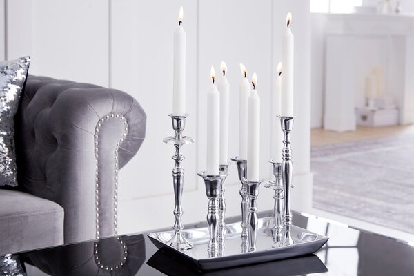 Glamour stříbrný svícen Celeste s obdélníkovou podstavou a chromovými držáky na sedm svíček v art deco stylu 26 cm