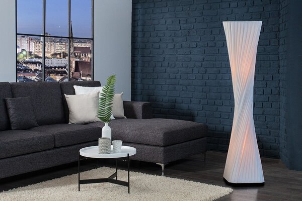 Moderní stylová stojící bílá lampa Harmony se skládaným stínítkem z latexu a černou čtvercovou podstavou 120 cm
