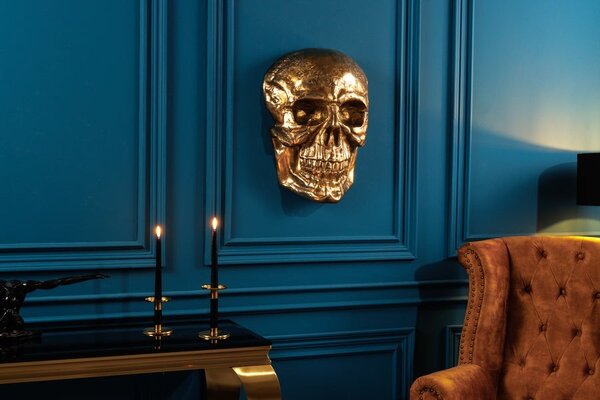 Glamour nástěnná dekorace Skull ve tvaru realistické zlaté lebky z kovu s lesklým povrchem 40 cm