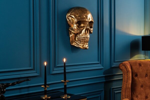 Glamour nástěnná dekorace Skull ve tvaru realistické zlaté lebky z kovu s lesklým povrchem 40 cm