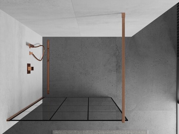 Mexen Kioto, sprchová zástěna Walk-In 100 x 200 cm, 8mm čiré sklo černý vzor, ​​měděný matný profil, 800-100-101-65-77